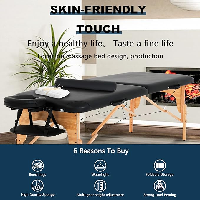 BestMassage MT-RMT57-Black Massagetafel - Inklapbaar - Draagvermogen tot 204 KG - In hoogte verstelbaar - Zwart